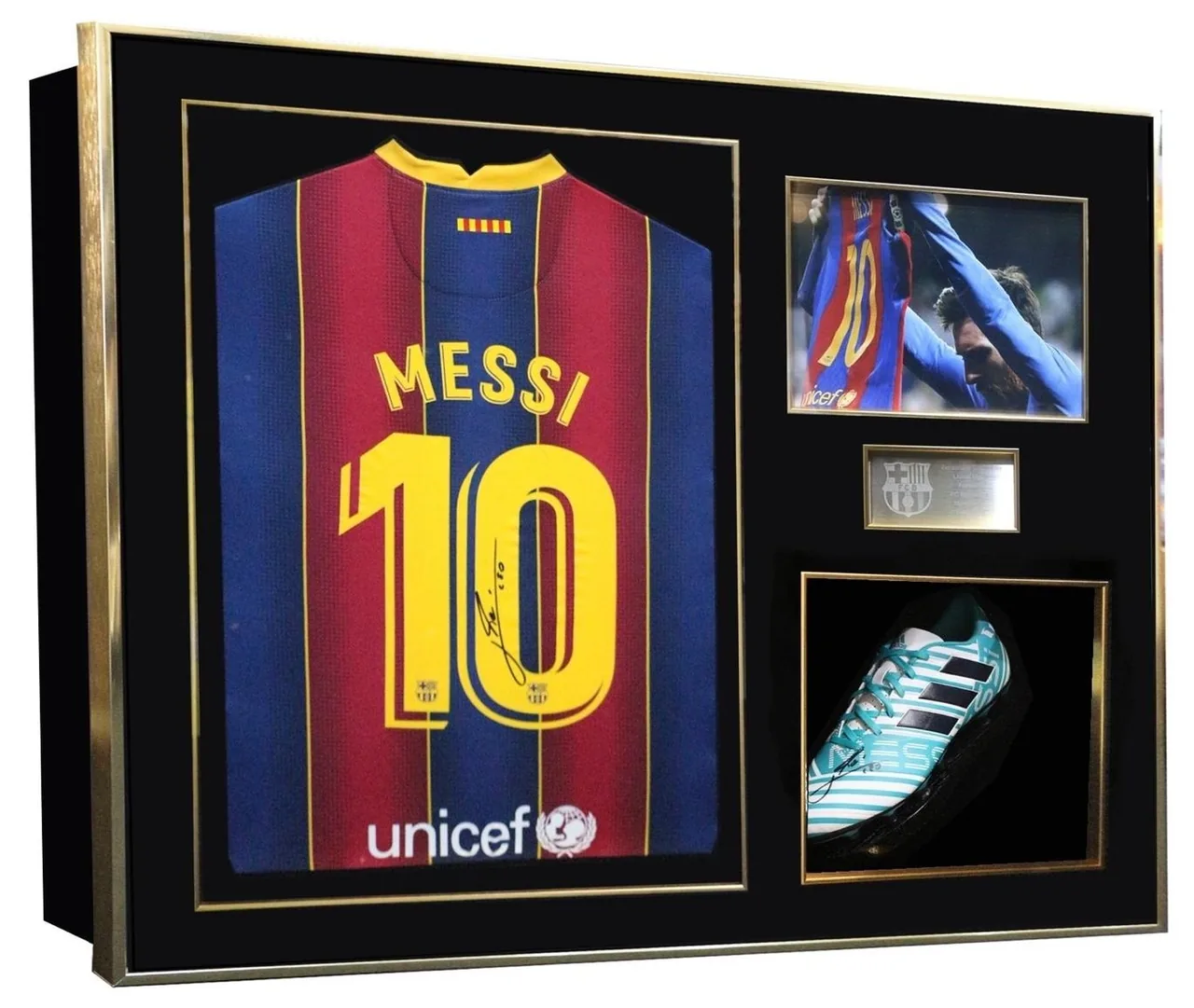 Lionel Messi — signed Barcelona shirt with boot — ของสะสมพร้อมลายเซ็นของแท้ในกรอบ