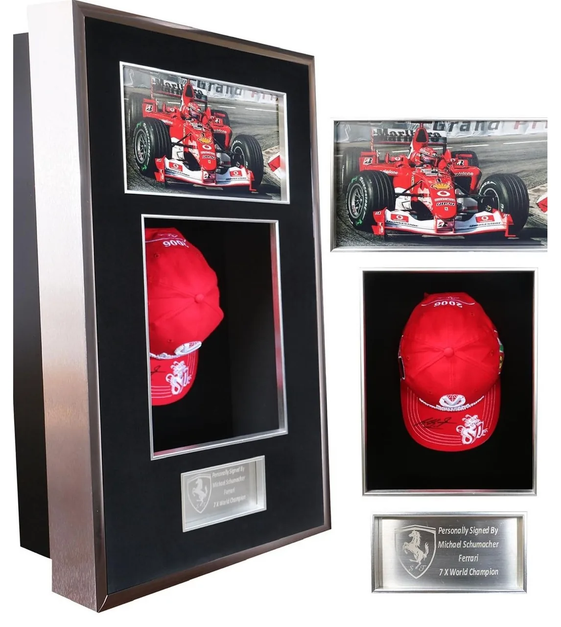 Michael Schumacher — signed Ferrari cap — ของสะสมพร้อมลายเซ็นของแท้ในกรอบ