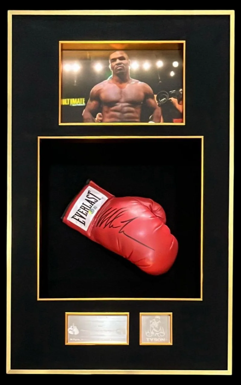 Mike Tyson — signed Everlast glove (glove facing left, red, gold frame) — ของสะสมพร้อมลายเซ็นของแท้ในกรอบ